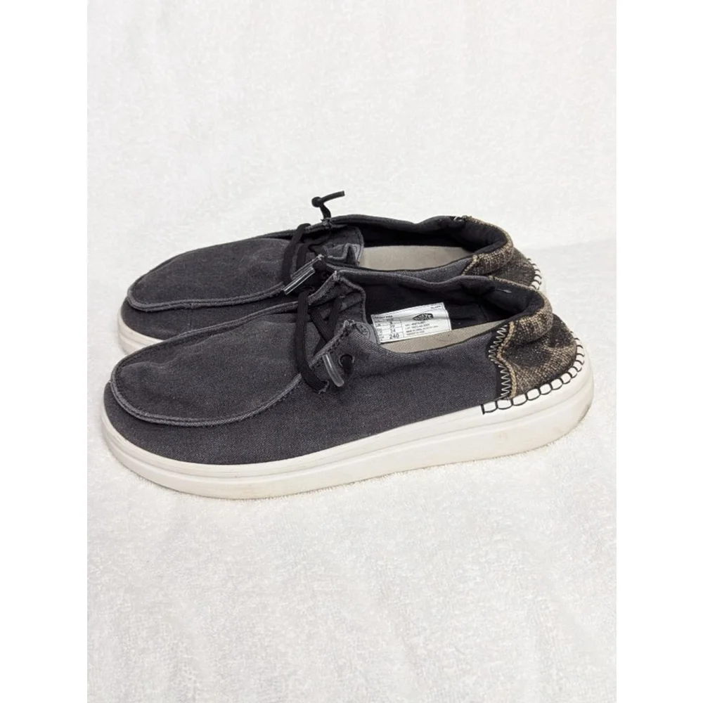 Women's Hey Dude Black Wendy Rise Loafers Size 8 with Beige Accents